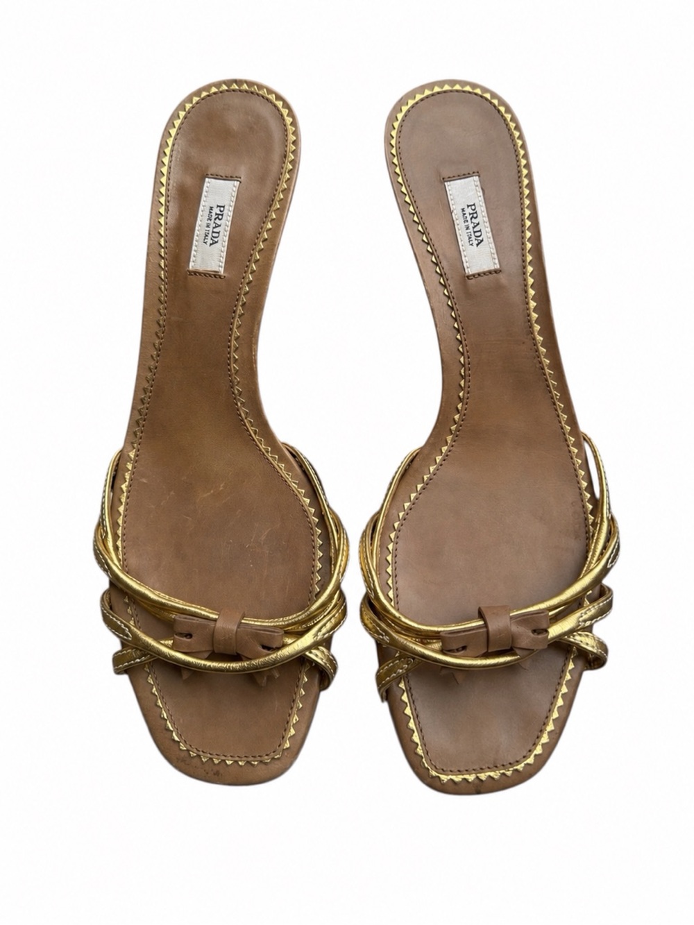 Auth PRADA Tan Gold slide Mule sandal 37.5 7 7.5 brown Leather Bow kitten heel